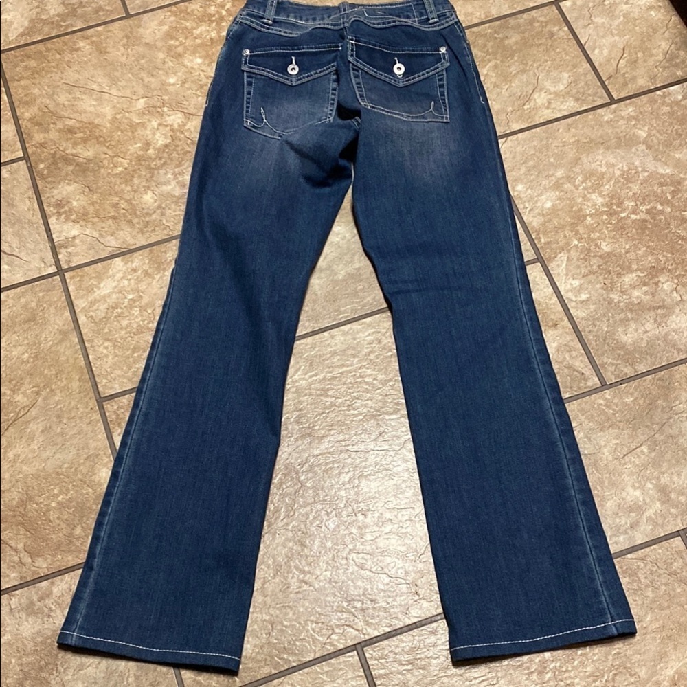 Blue Size 0 Boot Cut Curvy Fit Jeans with Subtle Flare & Whiskering